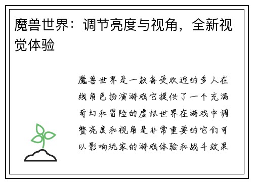 魔兽世界：调节亮度与视角，全新视觉体验